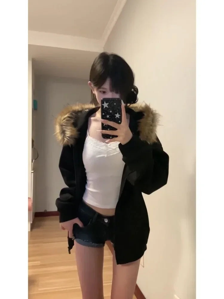 BXOXO Black Zip Up Hoodies Women Vintage Preppy Style Faux Fur Coat Korean Oversized Casual Sweatshirt Harajuku Autumn Winter