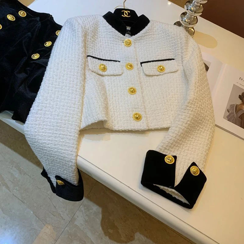 Bxoxo Fashion Stitching Tweed Short Jacket Women Autumn Winter Elegant Office Lady Coat Y2K Korean O Neck Single Breasted Crop Outwear