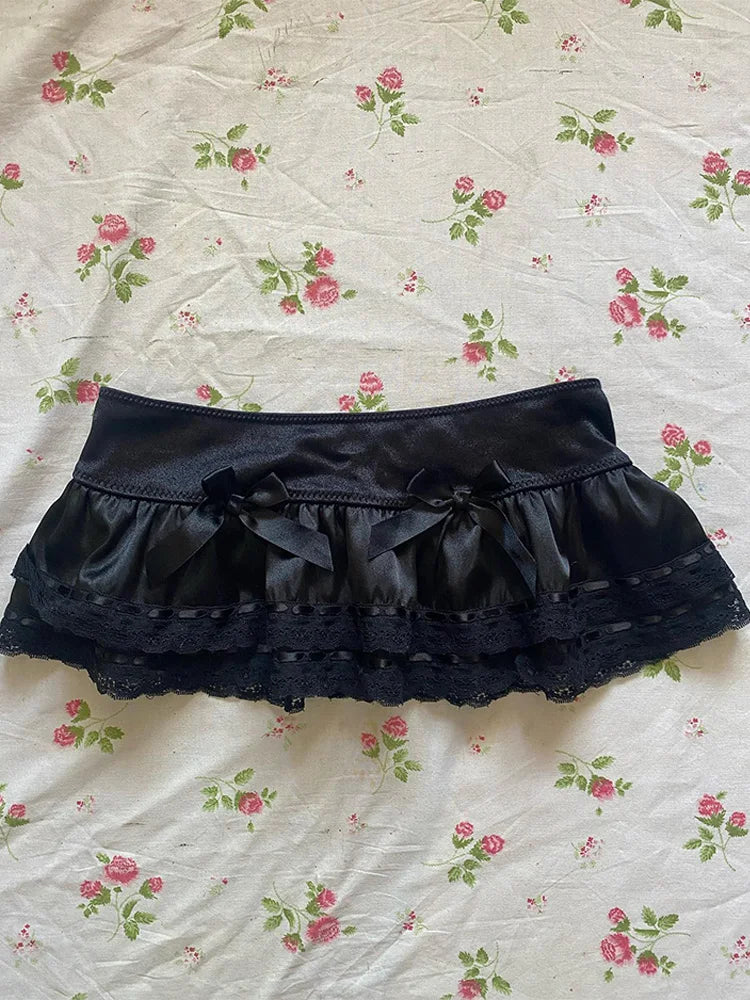 BXOXO Vintage Y2K Harajuku All-match Casual Women's Skirt Emo Girls Punk Hip-hop Rock Fashion Lace Bow Chic Aesthetic Sweet Mini Skirt