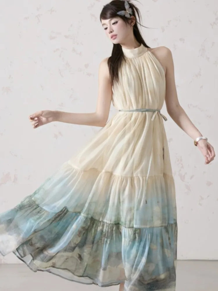 Bxoxo Women Summer Fashion Vintage Print Hanging Neck A-Line Dress Off-shoulder Sleeveless Pleated Dresses Casual Female Clothes Robe