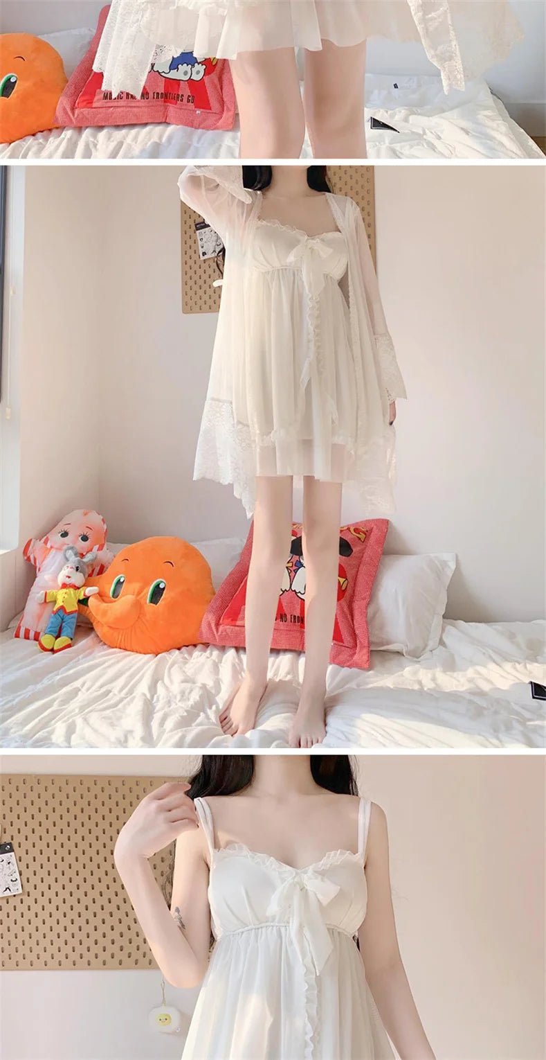 Bxoxo Elegant Sweet Simple Solid White Women Robe Gown Sets Chic Lace Bow Mesh  Sleepwear Breathable Slim Nightdress