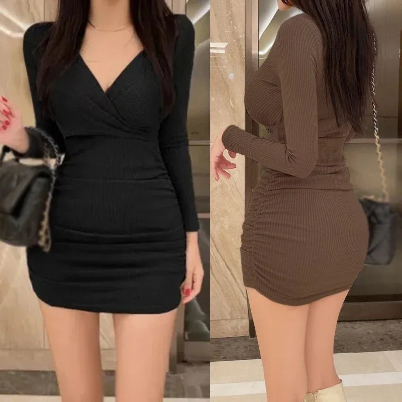 BXOXO Autumn Women's Dress Long Sleeve Fold Tight Slim Fitting V-neck Solid Color Fashion Sexy Dresses