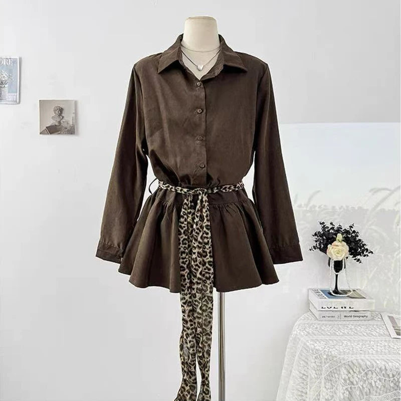 Bxoxo Autumn Lapel Shirt Mini Dress Women Fashion Streetwear Leopard Print Lace Up Dress Y2K Korean Elegant Long Sleeve Vestidos New