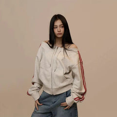 Bxoxo Sexy Slash Neck Long Sleeve Women Cardigan Y2K Streetwear Slim Zipper Female Coats Autumn American Striped Crop Hoodies Mujer