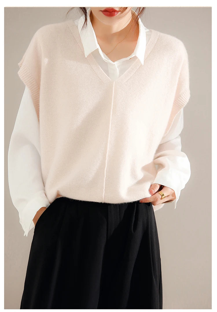 Bxoxo Cashmere Vest Ladies New 100%Pure Wool Knit Waistcoat Spring V-Neck Large Size Sweater Wild Sleeveless Vest Solid Loose Top