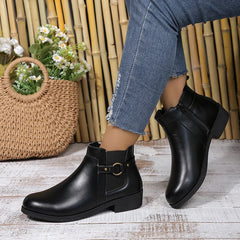 BXOXO Pu Leather Classics Black Thick Heel Ankle Boots Metal Zipper Low Platform Woman Shoes Winter Round Toe Slip On Short Boots