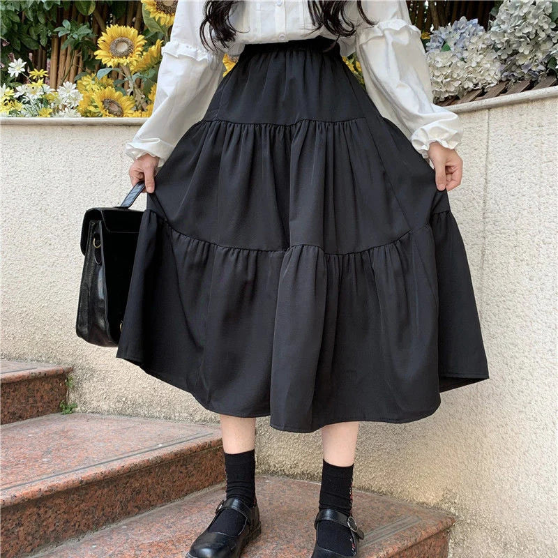 BXOXO Kawaii Black Long Skirt Women Japanese Lolita Cute Patchwork High Waist Loose A-line Midi Skirt Casual Autumn Soft Girl