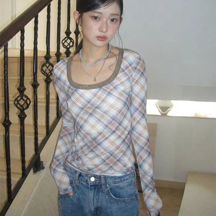 BXOXO Vintage Plaid T Shirt Women O Neck Skinny Tee Tops Streetwear American Retro 90s Crop Tops Autumn  Tshirts Female Chic