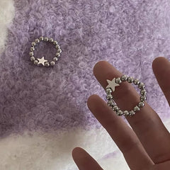 BXOXO Silver Color Bead Rings Metal Star Heart Round Elastic Ring For Women Girls Simple Adjustable Finger Jewelry