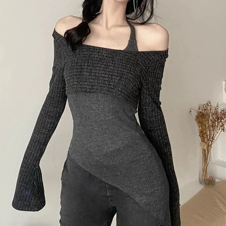 BXOXO Elegant Simple Solid Color Fake Two Pieces Casual Knitted Elastic Breathable Women's Long Top