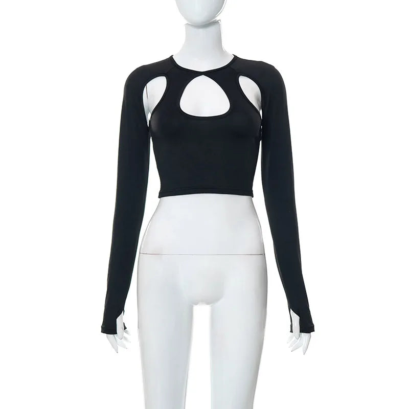 Bxoxo Summer Long Sleeve Cropped Corset Women Top Sexy Aesthetic Club O Neck Fairy Grunge Black Women's T-Shirt