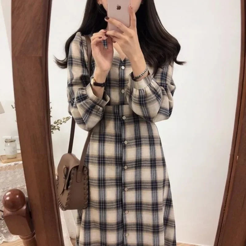 Bxoxo Vintage Plaid Dresses for Women Autumn Winter Full Spring 2025 Elegant Luxury Korean Fashion A Line G X Woman Long Sleeve Dress