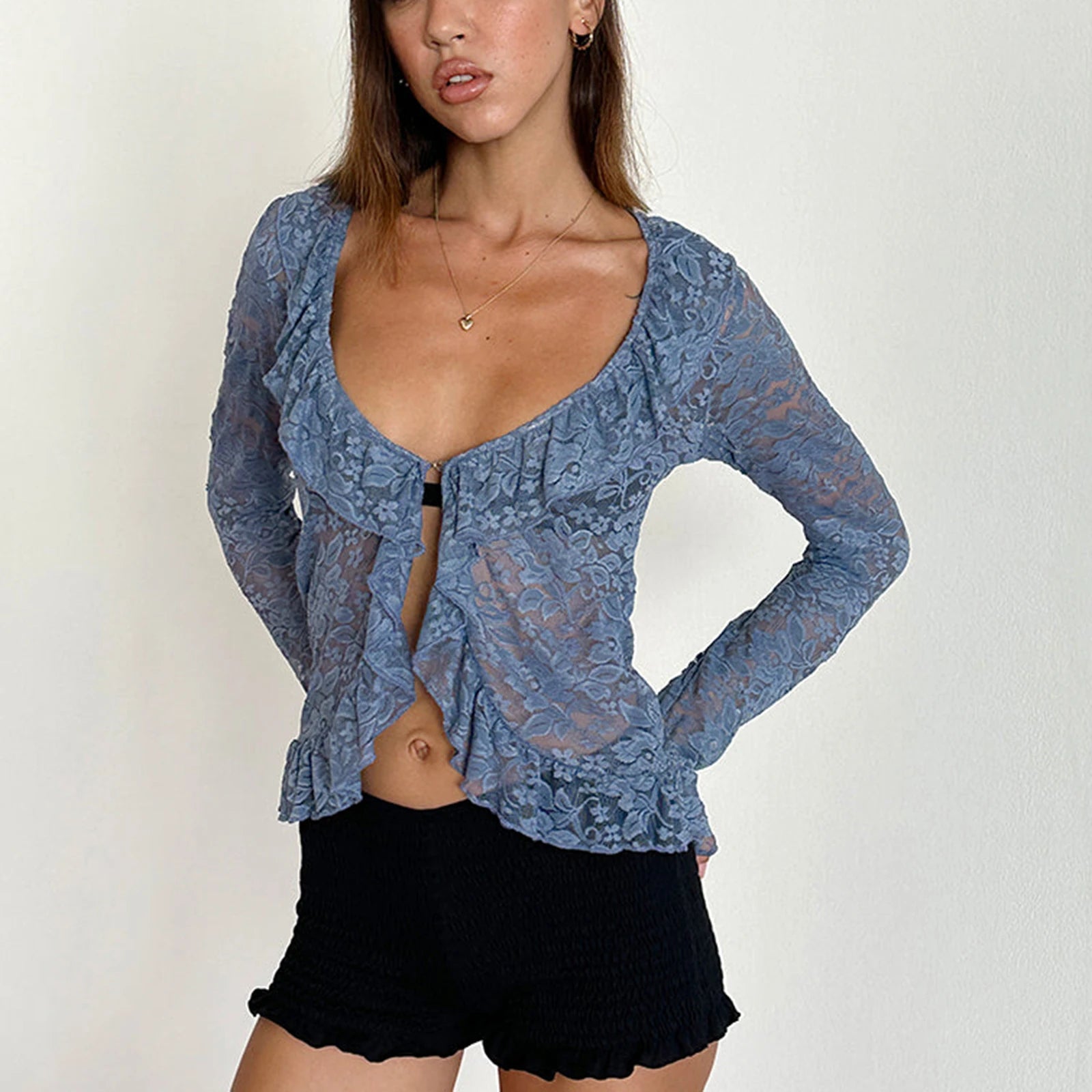 BXOXO Sexy Women Sheer Lace Cardigan Tops Ruffled Trim Long Sleeve V-Neck Summer Sun Protection Tops Y2k Shirts
