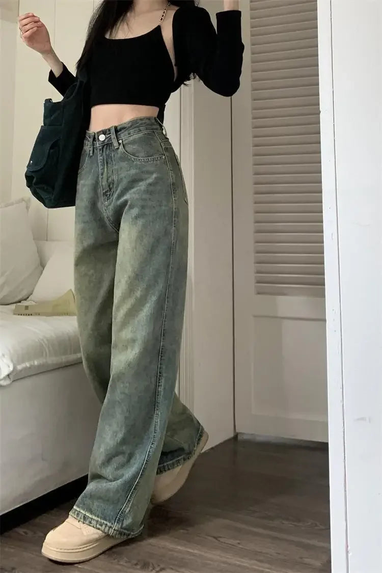 Bxoxo Vintage High-waisted Slimming Jeans American Style Casual Bell Bottoms Versatile Straight-leg Long Pants For Women