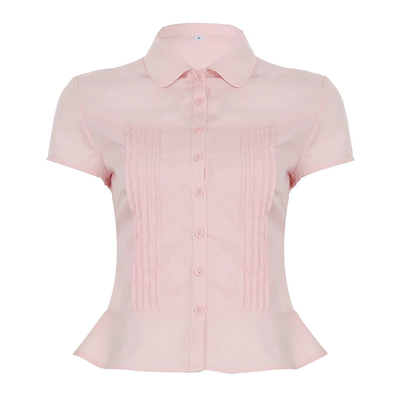 BXOXO Solid Folds Blouse for Women Casual Short Sleeve Button-up Crop Tops Y2k Streetwear Shirts Korean Fashion Summer T-shirt
