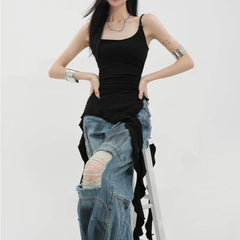 BXOXO Sexy Tank Top Asymmetrical Black Y2k Women Ruffle Grunge Backless Coquette Fashion Streetwear Tops Solid Aesthetics