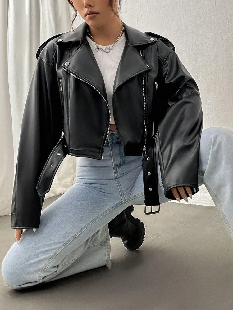 Bxoxo Spring Autumn Casual Women Lapel Zipper Faux PU Leather Jacket Female High Street Motorcycle Leather Jacket