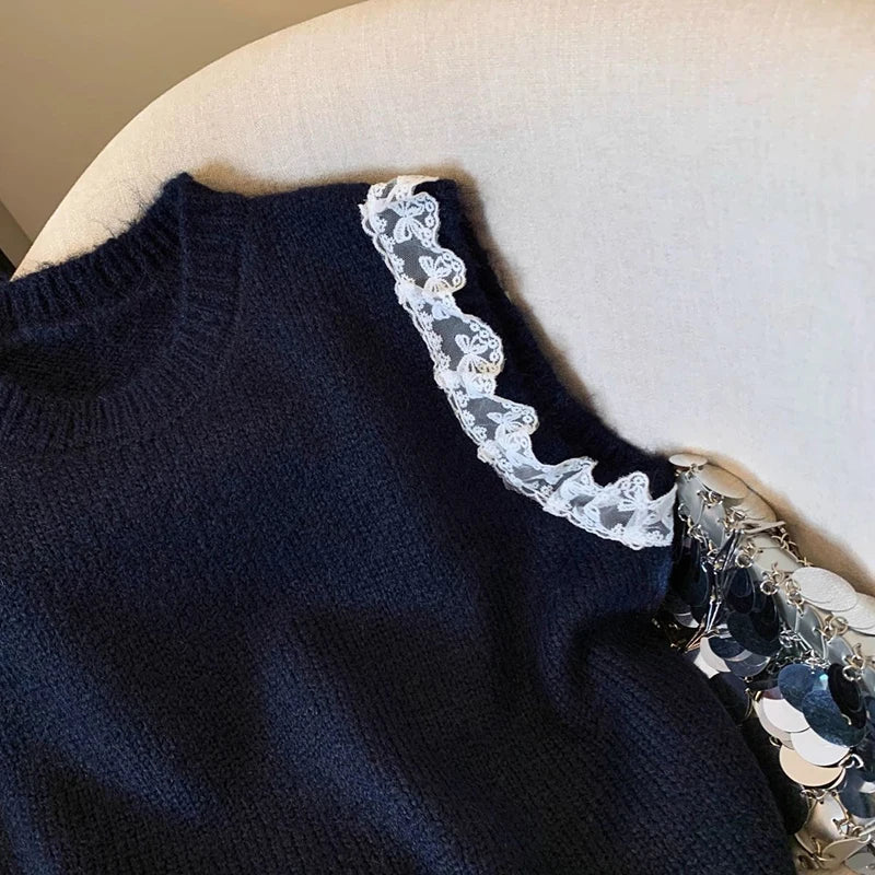 Bxoxo Lace Patchwork Sweet Sweater Vest Women Vintage O Neck Casual Knitted Tops Korean Preppy Style Lady Lazy Wing Cute Vest New
