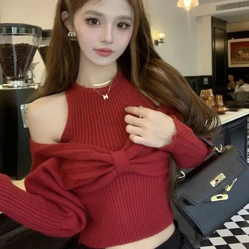 Bxoxo Sexy Off Shoulder Sweater Women Christmas Elegant Manners Bow Solid Two Piece Knit Jumpers Chic Vest Commuter Office Lady Tops