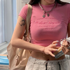 BXOXO Summer Pink Women's T-shirt Clothese Short Sleeve Crop Top Letter Embroidery Bodycon Casual T Shirt Female Sexy O-Neck Tops New