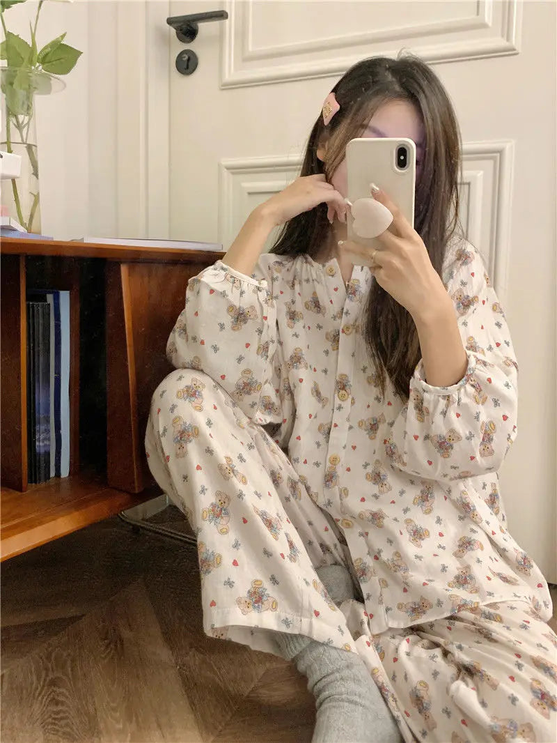 Bxoxo Women's Sweet Cute Pajamas Set Female Korean Style Home Clothing Girl Bear Foral Print Sleepwear Long Sleeve Pant Nightwear 2XL