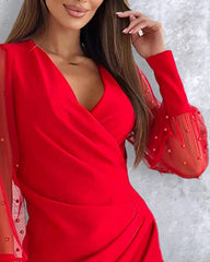 BXOXO Beaded Mesh Long Sleeve Dress V-Neck Ruched Mini Cocktail Party Dress