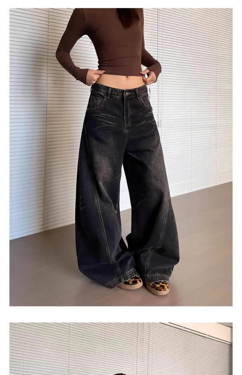 Bxoxo Vintage Washed Black Women's Jeans Wide Leg American Style High Waist Baggy Denim Pants Casual Straight Trousers New