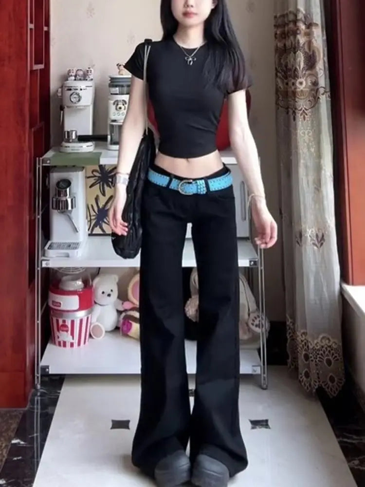 Bxoxo Black Basic Vintage Women's Pants Harajuku Low Waist Wide Leg Korean Fashion Flare Trousers Baggy Office Lady Casual
