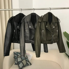 BXOXO New Spring Woman Faux Leather Jacket Chic Vintage American street wear Short Lapel Zipper Belt Biker Coats Fashion Streetwear