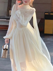 BXOXO French Elegant Slim Ruffle Dress Summer Women Graduation Evening Party Robe Female Bubble Sleeve Korean Chiffon Vestidos