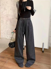 Bxoxo Blue Plaid Wide Leg Pants Women Autumn High Waist Drawstring Loose Casual Trousers Y2K Winter Thick Casual Ankle Length Pants