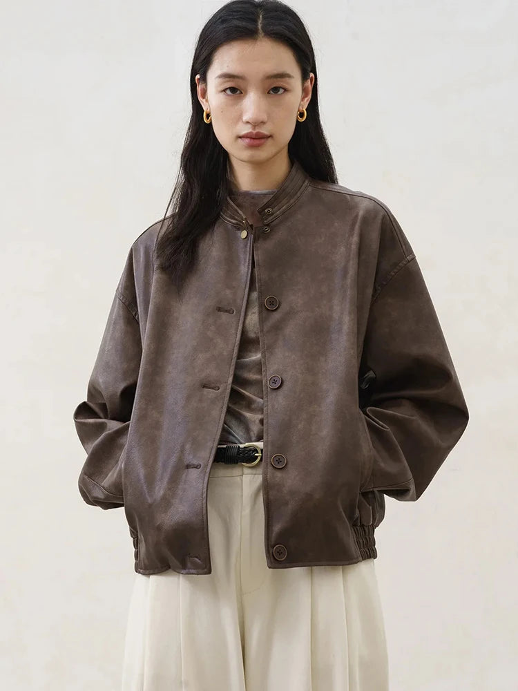 Bxoxo Vintage Pu Leather Jacket Women Y2K Autumn Loose Streetwear Thick Stand Collar Coat Fashion Single Breasted All Match Outwear