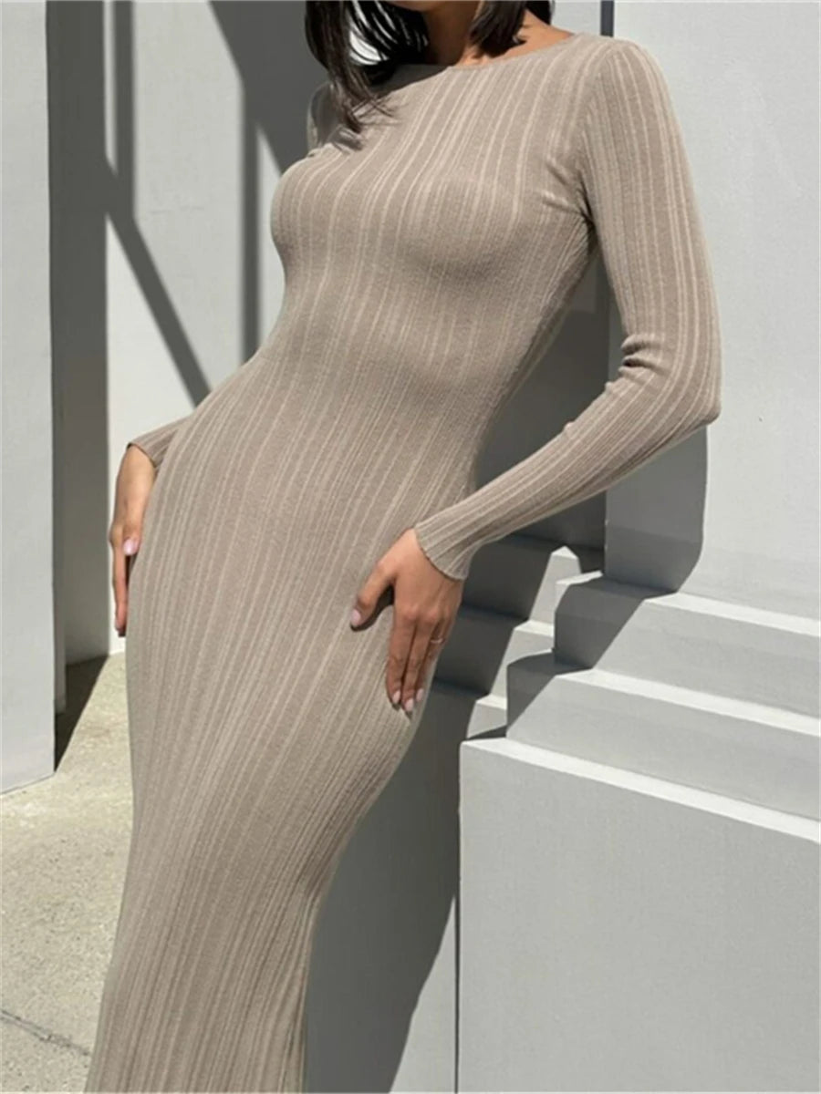 BXOXO Fall Casual Knit Ribbed Bodycon Long Dress Simple Style Solid Color Long Sleeve O Neck Wrapped Pencil Dress Street Party