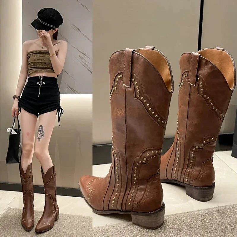BXOXO Studded Boots Women Low Heel Cowboy Chelsea Western Short Leather Knee High Luxury Designer Gothic New Rock Shoes Vintage