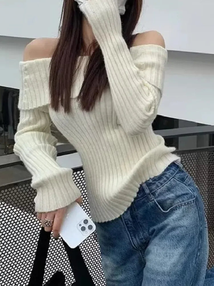 Bxoxo Autumn Winter Solid Color Rib Knitted Off the Shoulder Pullover Sweater Sexy Women Full Sleeve Slim Stretch Knitwear Jumper