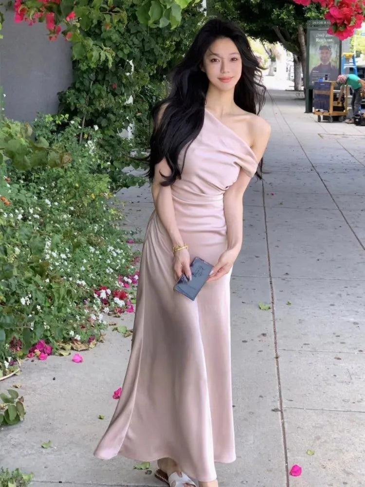 BXOXO Women Elegant Solid Evening Party Dresses Summer Fashion Korean Graduation Formal Dress Off Shoulder Slim Vestidos Clothing