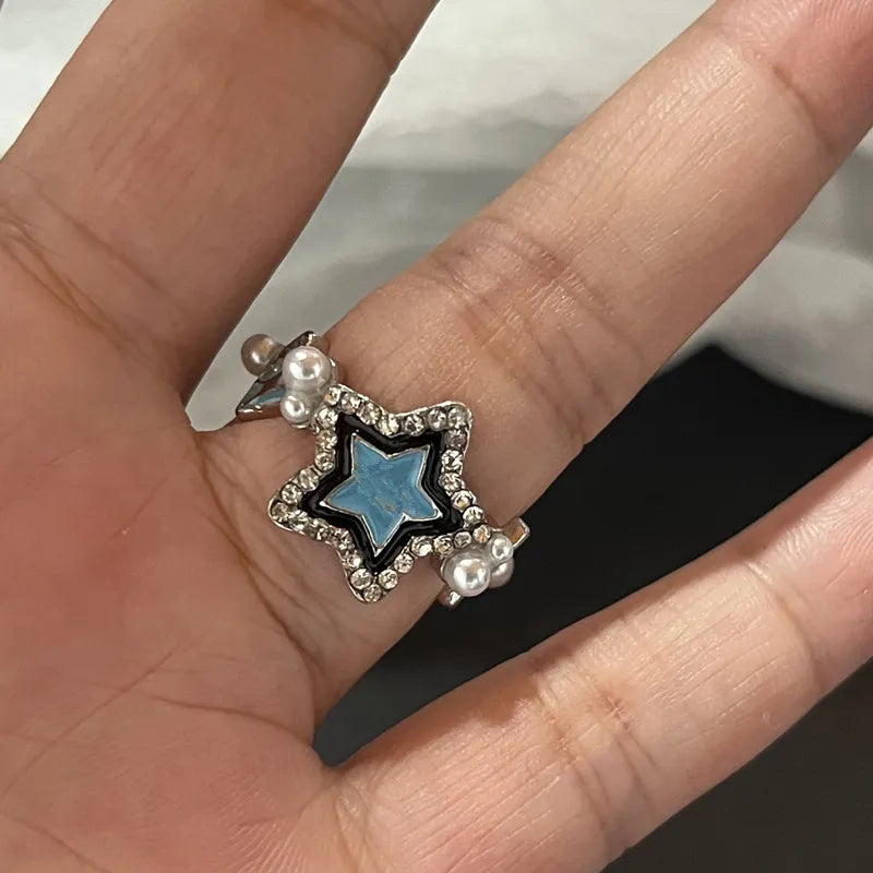 BXOXO Y2K Crystal Rings Kpop Heart Adjustable Ring Irregular Geometry Punk Vintage Rings Set for Women Girls New Fashion Jewelry