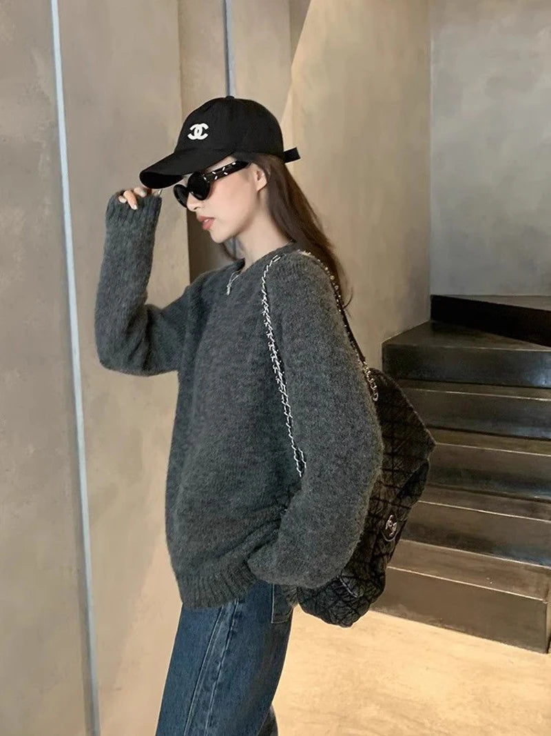 Bxoxo Streetwear Loose Gray Sweaters Women Long Sleeve Vintage Simple Knitted Pullover Korean Fall O Neck Female Retro Jumpers