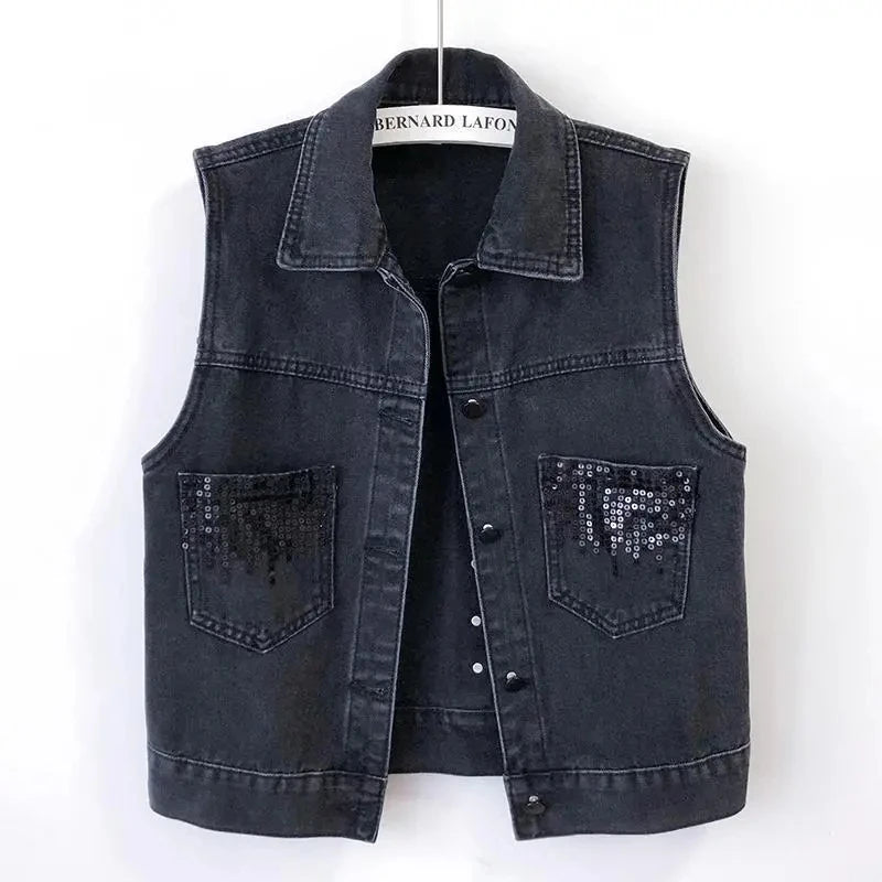 Bxoxo Fashion Design Sequins Denim Vest Summer Autumn Women's Waistcoat Korean Leeveless Denim Jeans Jacket Female Vest Tops