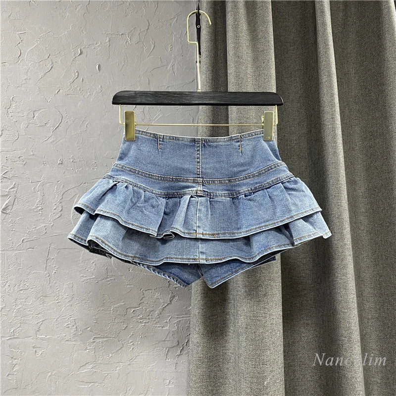 BXOXO Single-Breasted Harajuku Ruffles Cake Denim Skirt Girl High Waist Woman Summer Sexy Jeans Y2K Students Kawaii Pleated Skirt