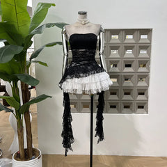 BXOXO Fashion Two Piece Set Irregular Lace Top + High Waisted Fluffy Skirt Solid Color Female Elegant Birthday Dress New 3QW1065