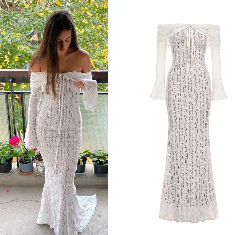 BXOXO  White Off The Shoulder Bodycon Dress New in Flare Sleeve Elegant Lace Maxi Dress Wedding Guest Dress for Women