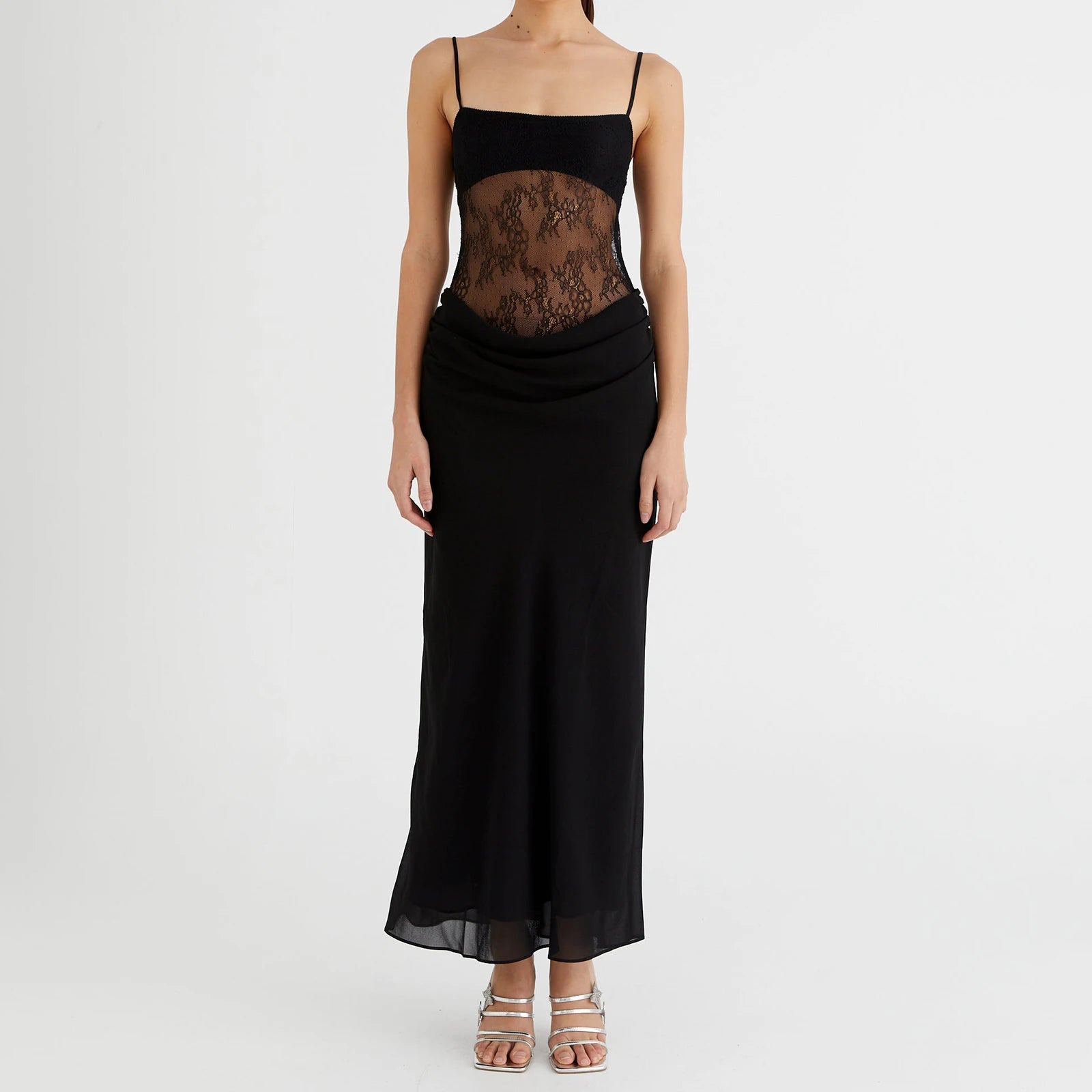 BXOXO Elegant Fashion Lace Trimmed Maxi Dress Hot Sexy Cut Out Backless See Through Draped Slip Dresses Coquette Summer