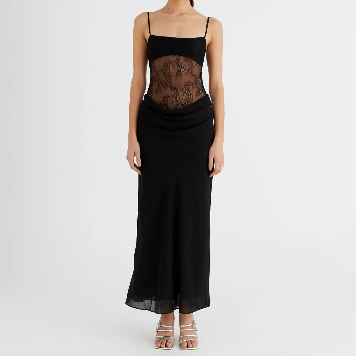 BXOXO Elegant Fashion Lace Trimmed Maxi Dress Hot Sexy Cut Out Backless See Through Draped Slip Dresses Coquette Summer