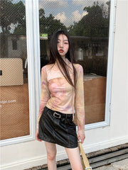 BXOXO Vintage Tie Dye T Shirt Women Flare Sleeve Mesh Tops Irregual Y2k Retro Crop Tops Streetwear Japanese 2000s Tshirts