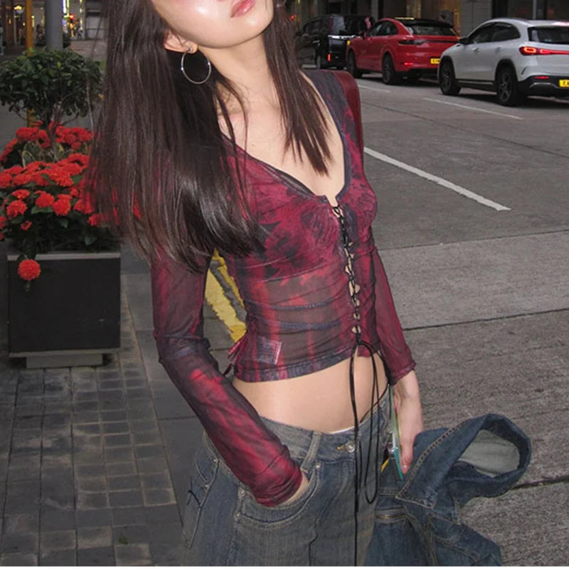 Bxoxo Grunge Crop Tops y2k Clothes Women Tie Dye Print Tie Front V Neck Long Sleeve Mesh T Shirts 2000s Clothing Streetwear