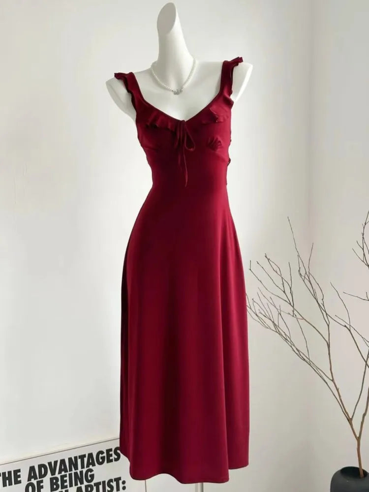 Bxoxo Women's Korean Elegant Ruffles V-neck Lace-up A-Line Dress Sexy Backless Slim Waist Flying Sleeves Dresses Basics Office Lady