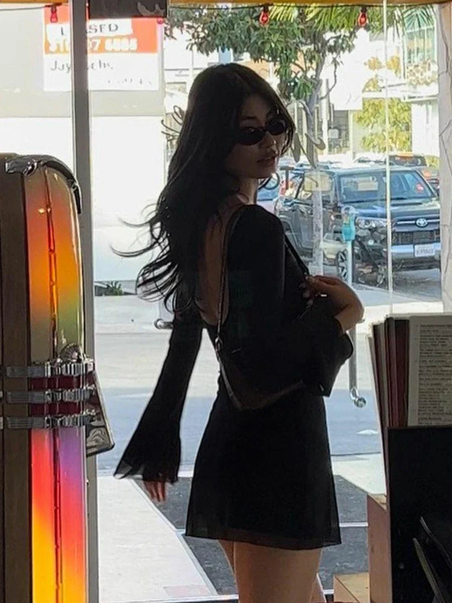 BXOXO Women's Sexy Y2K Elegant Summer Crew Neck Off Shoulder Mesh Sheer Flare Long Sleeve A-Line Short Mini Skinny Dress