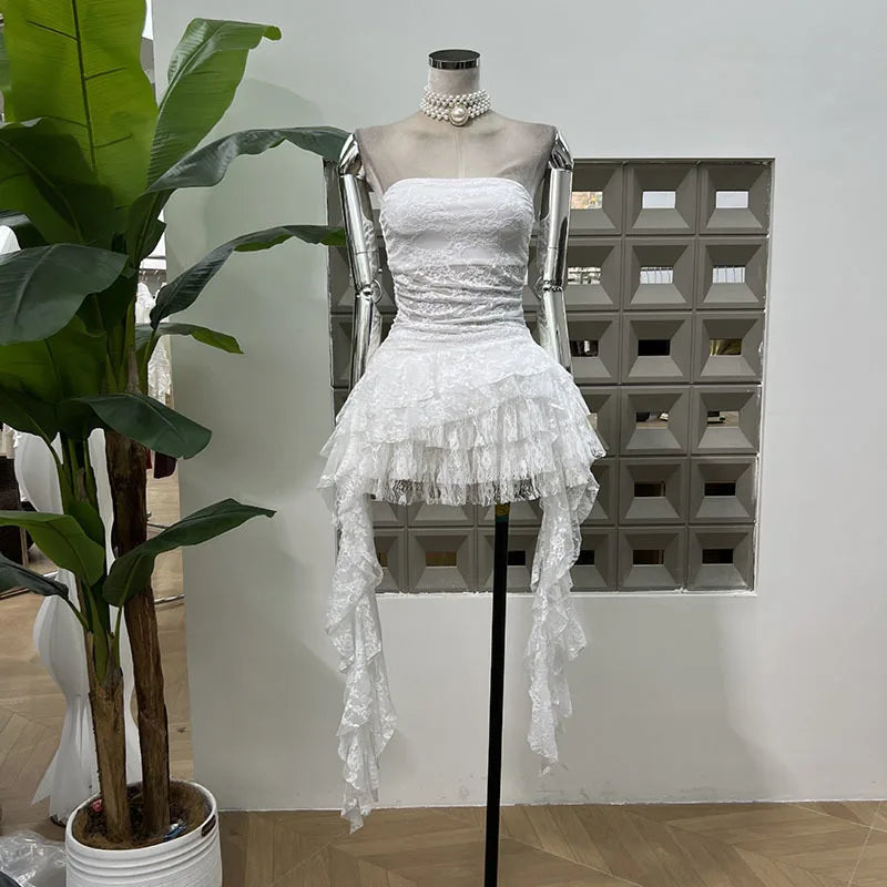 BXOXO Fashion Two Piece Set Irregular Lace Top + High Waisted Fluffy Skirt Solid Color Female Elegant Birthday Dress New 3QW1065