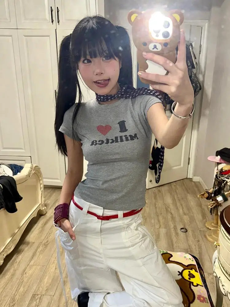 BXOXO Korean Style T-shirt Women Short Sleeve Skinny Print Graphic Tops Streetwear Y2k Vintage Crop Tops American Retro Tops